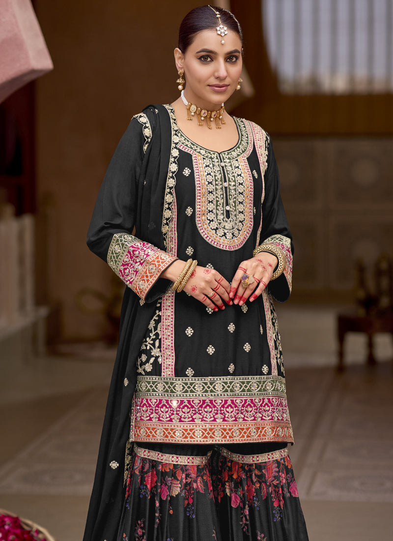 Vegaa Fashion Black Chinon Silk Embroidered Sharara Suit