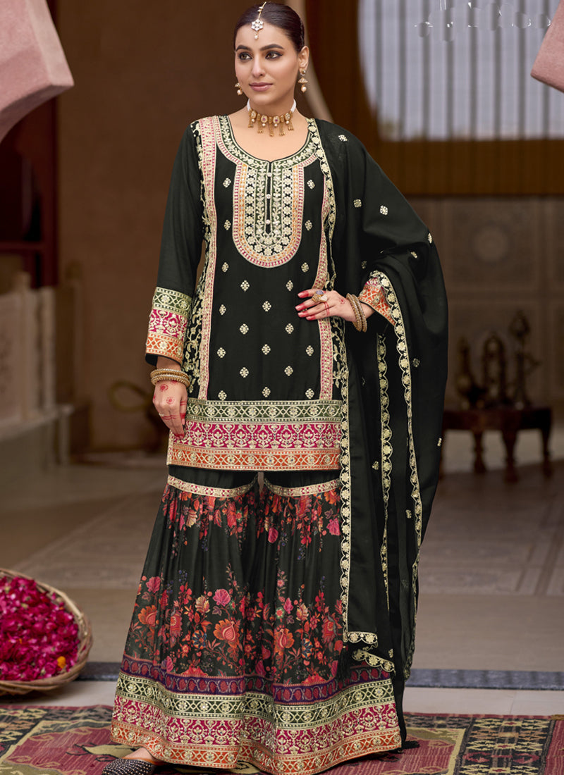 Vegaa Fashion Black Chinon Silk Embroidered Sharara Suit