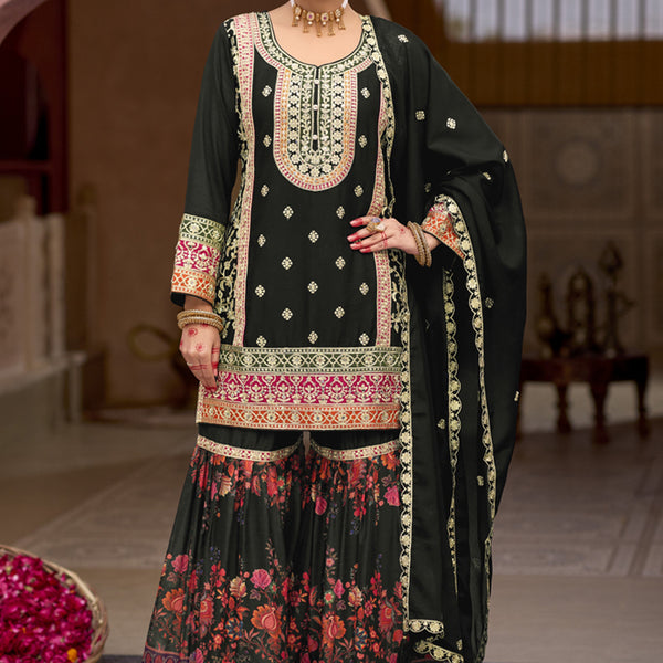 Vegaa Fashion Black Chinon Silk Embroidered Sharara Suit