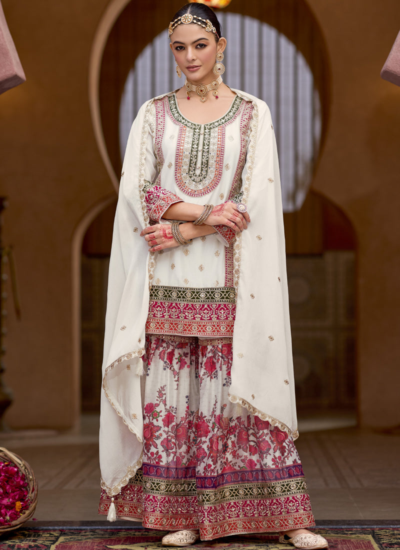Vegaa Fashion White Chinon Silk Embroidered Sharara Suit