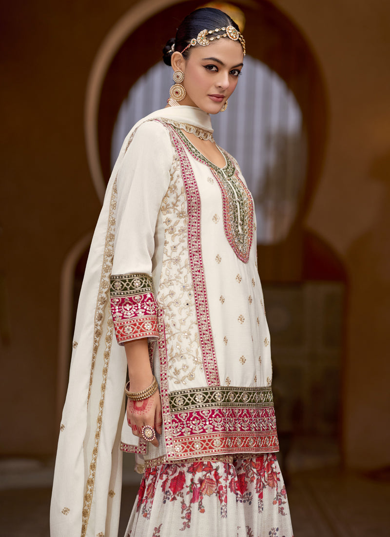 Vegaa Fashion White Chinon Silk Embroidered Sharara Suit