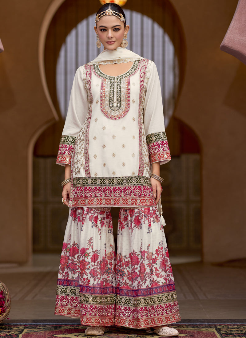 Vegaa Fashion White Chinon Silk Embroidered Sharara Suit