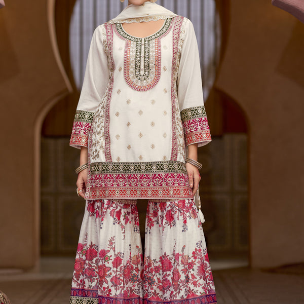 Vegaa Fashion White Chinon Silk Embroidered Sharara Suit
