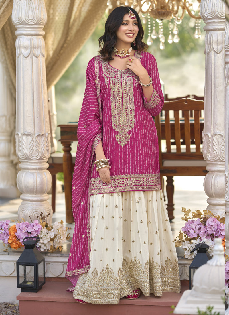Vegaa Fashion Rani Pink Chinon Silk Embroidered With Digital Print Palazzo Suit