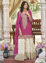 Thumbnail for Vegaa Fashion Rani Pink Chinon Silk Embroidered With Digital Print Palazzo Suit