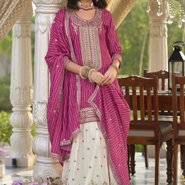 Vegaa Fashion Rani Pink Chinon Silk Embroidered With Digital Print Palazzo Suit