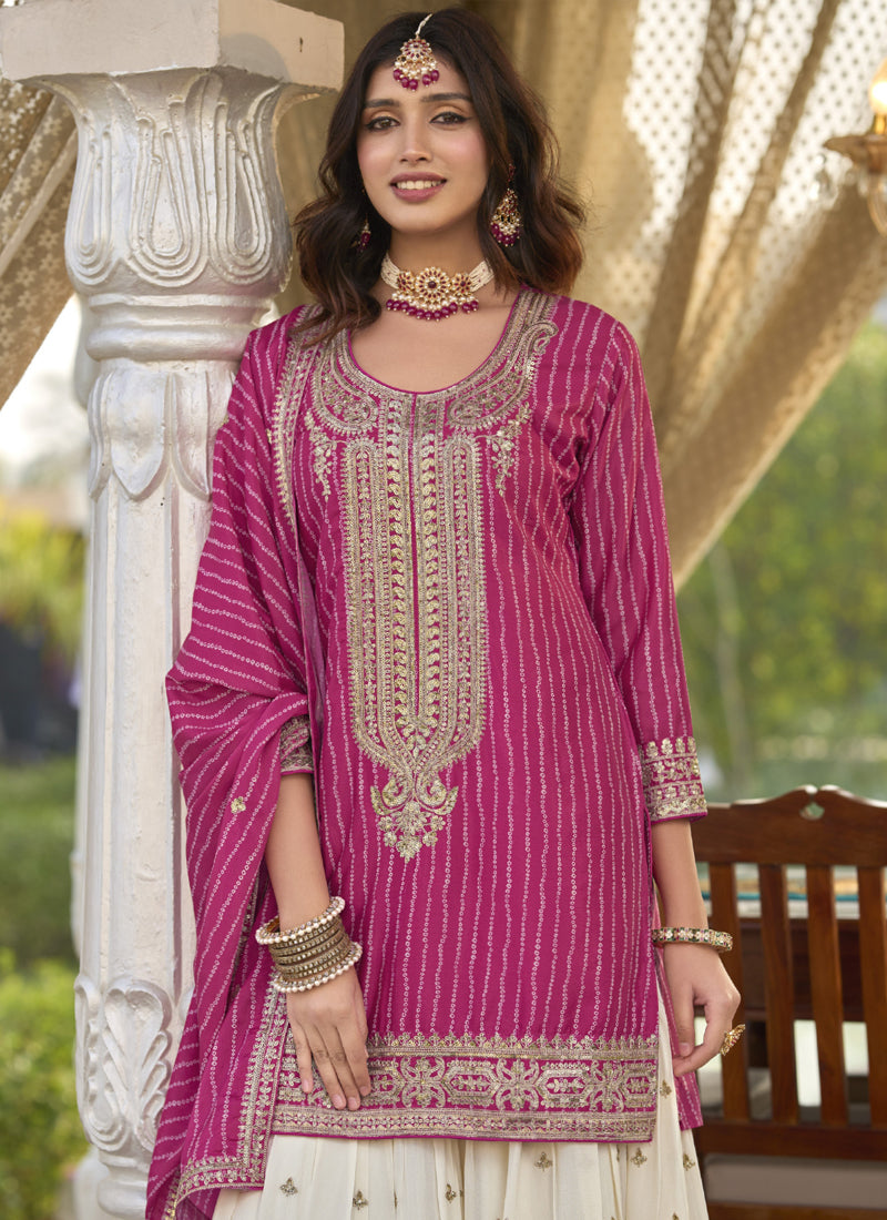 Vegaa Fashion Rani Pink Chinon Silk Embroidered With Digital Print Palazzo Suit