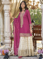 Thumbnail for Vegaa Fashion Rani Pink Chinon Silk Embroidered With Digital Print Palazzo Suit