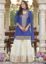 Thumbnail for Vegaa Fashion Blue Chinon Silk Embroidered With Digital Print Palazzo Suit