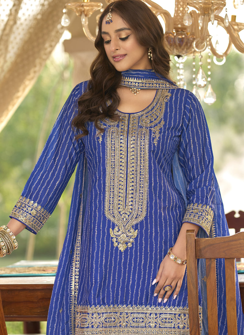 Vegaa Fashion Blue Chinon Silk Embroidered With Digital Print Palazzo Suit