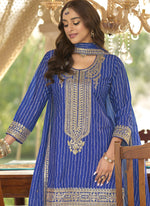 Thumbnail for Vegaa Fashion Blue Chinon Silk Embroidered With Digital Print Palazzo Suit