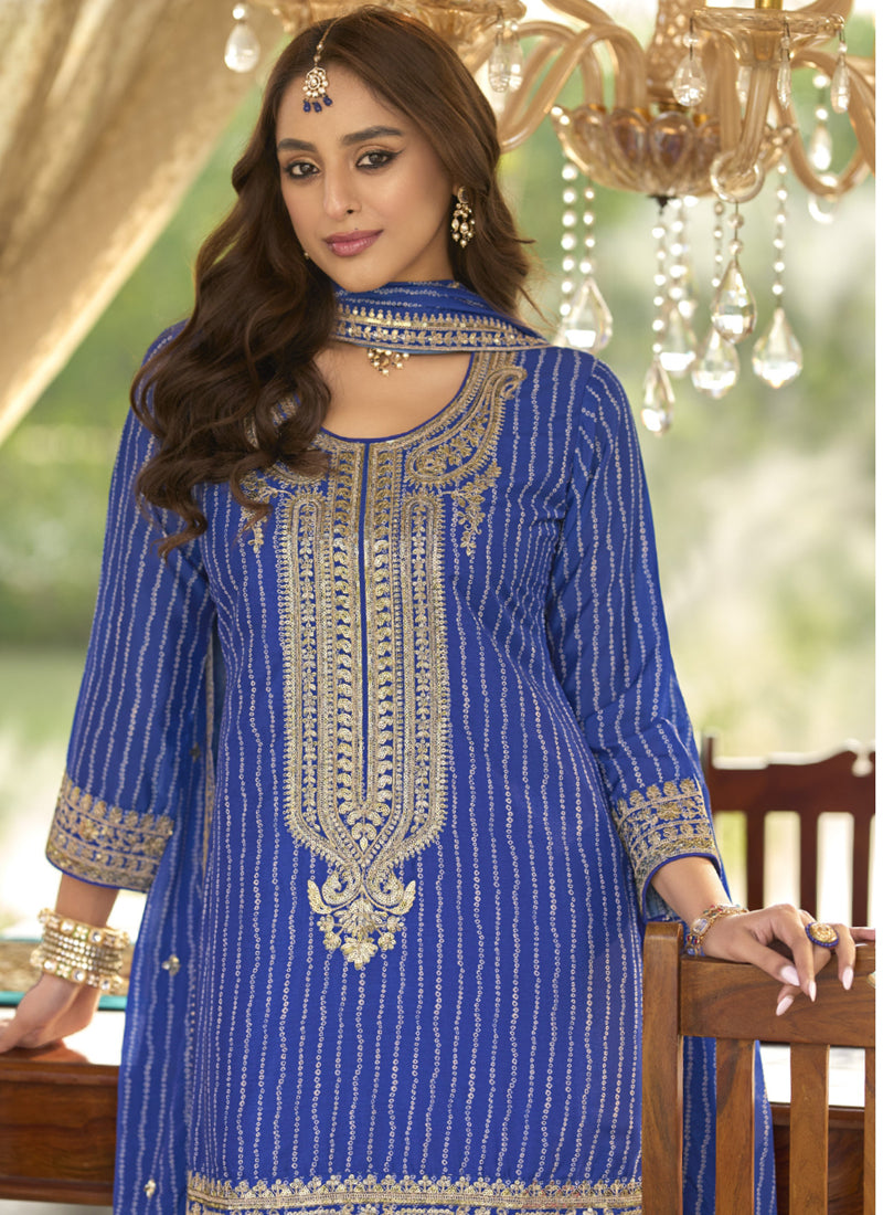 Vegaa Fashion Blue Chinon Silk Embroidered With Digital Print Palazzo Suit