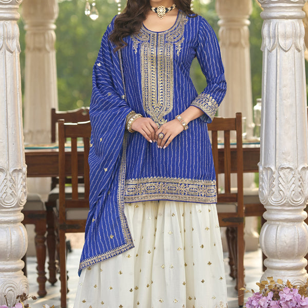 Vegaa Fashion Blue Chinon Silk Embroidered With Digital Print Palazzo Suit