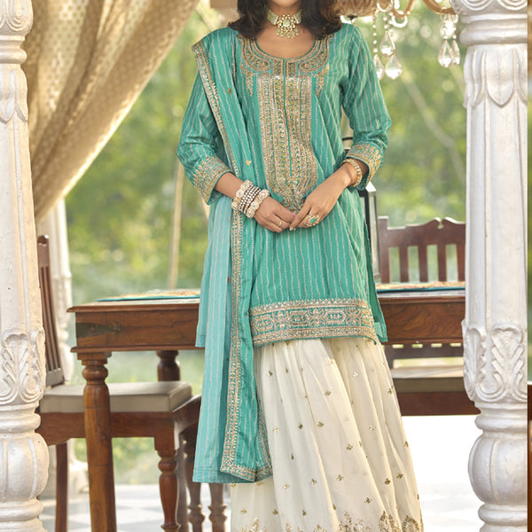 Vegaa Fashion Turquoise Chinon Silk Embroidered With Digital Print Palazzo Suit