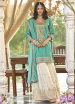 Thumbnail for Vegaa Fashion Turquoise Chinon Silk Embroidered With Digital Print Palazzo Suit
