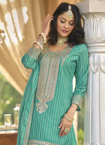 Thumbnail for Vegaa Fashion Turquoise Chinon Silk Embroidered With Digital Print Palazzo Suit