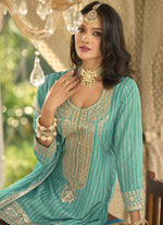 Thumbnail for Vegaa Fashion Turquoise Chinon Silk Embroidered With Digital Print Palazzo Suit