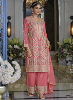 Thumbnail for Vegaa Fashion Peach Chinon Silk Embroidered Designer Palazzo Suit