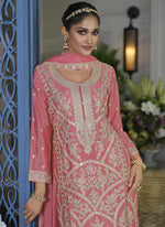 Thumbnail for Vegaa Fashion Peach Chinon Silk Embroidered Designer Palazzo Suit