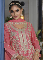 Thumbnail for Vegaa Fashion Peach Chinon Silk Embroidered Designer Palazzo Suit