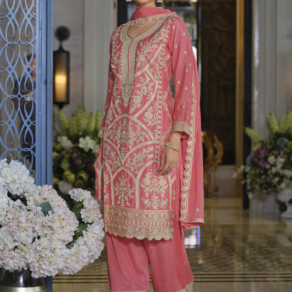 Vegaa Fashion Peach Chinon Silk Embroidered Designer Palazzo Suit