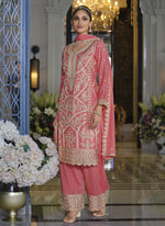 Thumbnail for Vegaa Fashion Peach Chinon Silk Embroidered Designer Palazzo Suit