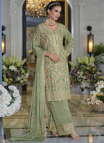 Thumbnail for Vegaa Fashion Parrot Green Chinon Silk Embroidered Designer Palazzo Suit - Distacart