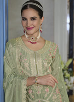 Thumbnail for Vegaa Fashion Parrot Green Chinon Silk Embroidered Designer Palazzo Suit - Distacart