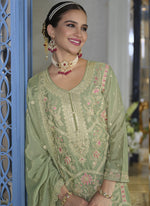 Thumbnail for Vegaa Fashion Parrot Green Chinon Silk Embroidered Designer Palazzo Suit - Distacart