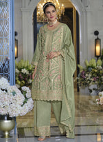 Thumbnail for Vegaa Fashion Parrot Green Chinon Silk Embroidered Designer Palazzo Suit - Distacart