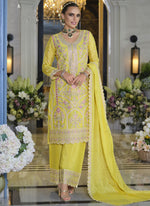 Thumbnail for Vegaa Fashion Yellow Chinon Silk Embroidered Designer Palazzo Suit