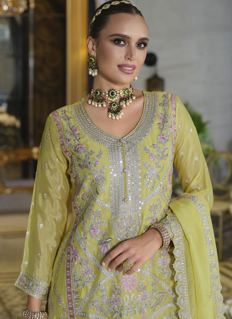 Vegaa Fashion Yellow Chinon Silk Embroidered Designer Palazzo Suit