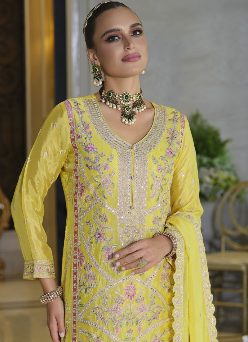 Vegaa Fashion Yellow Chinon Silk Embroidered Designer Palazzo Suit