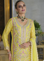 Thumbnail for Vegaa Fashion Yellow Chinon Silk Embroidered Designer Palazzo Suit