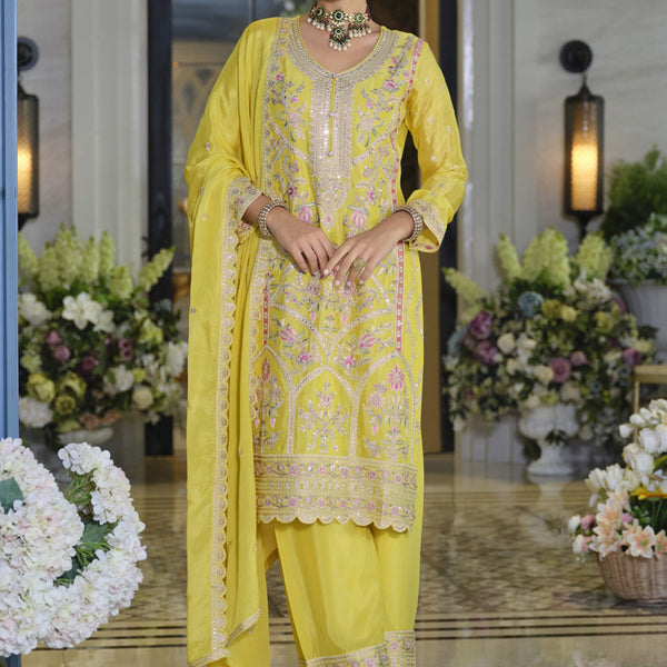 Vegaa Fashion Yellow Chinon Silk Embroidered Designer Palazzo Suit