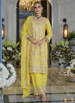 Thumbnail for Vegaa Fashion Yellow Chinon Silk Embroidered Designer Palazzo Suit