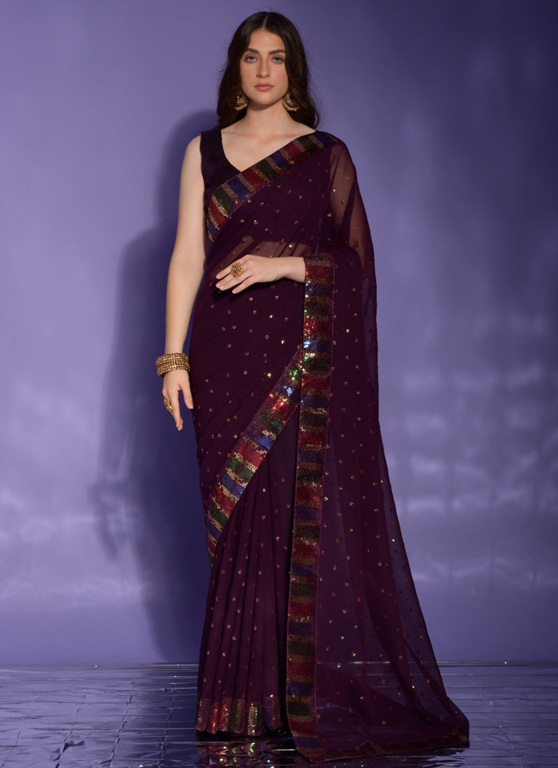 Vegaa Fashion Wine Georgette Sequence Party Wear Saree