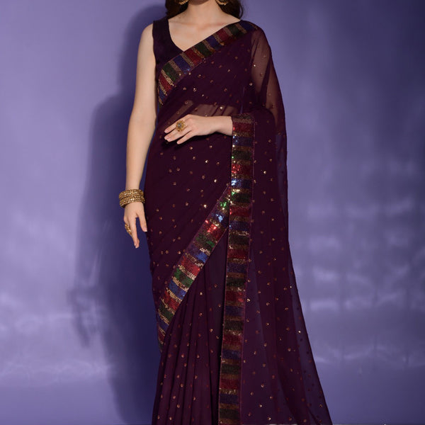 Vegaa Fashion Wine Georgette Sequence Party Wear Saree - Distacart