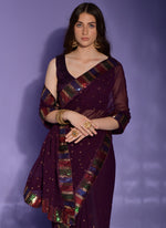 Thumbnail for Vegaa Fashion Wine Georgette Sequence Party Wear Saree