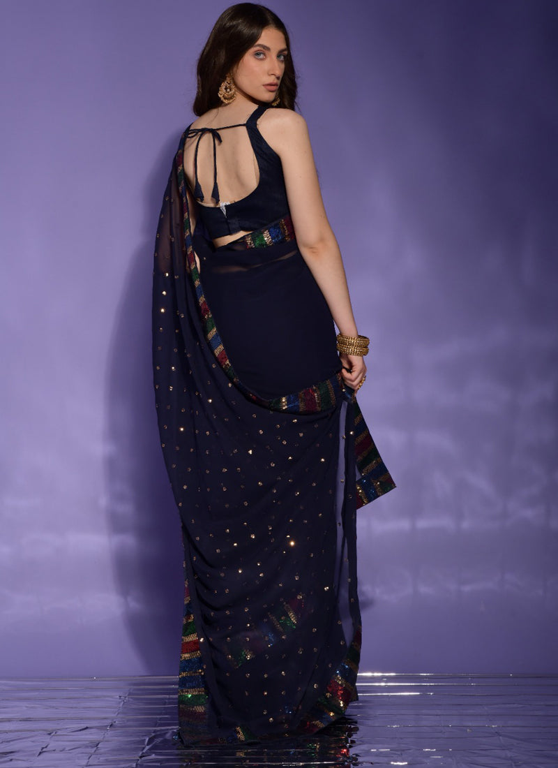 Vegaa Fashion Blue Georgette Sequence Party Wear Saree