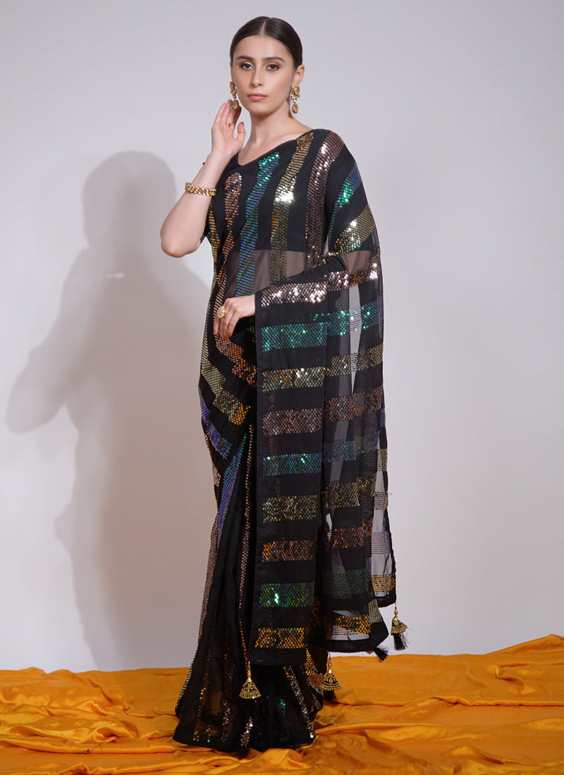 Vegaa Fashion Black Georgette Sequence Party Wear Saree