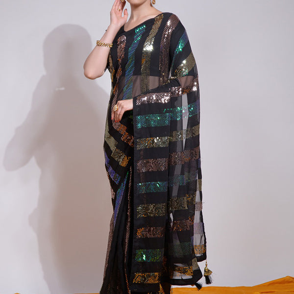 Vegaa Fashion Black Georgette Sequence Party Wear Saree - Distacart