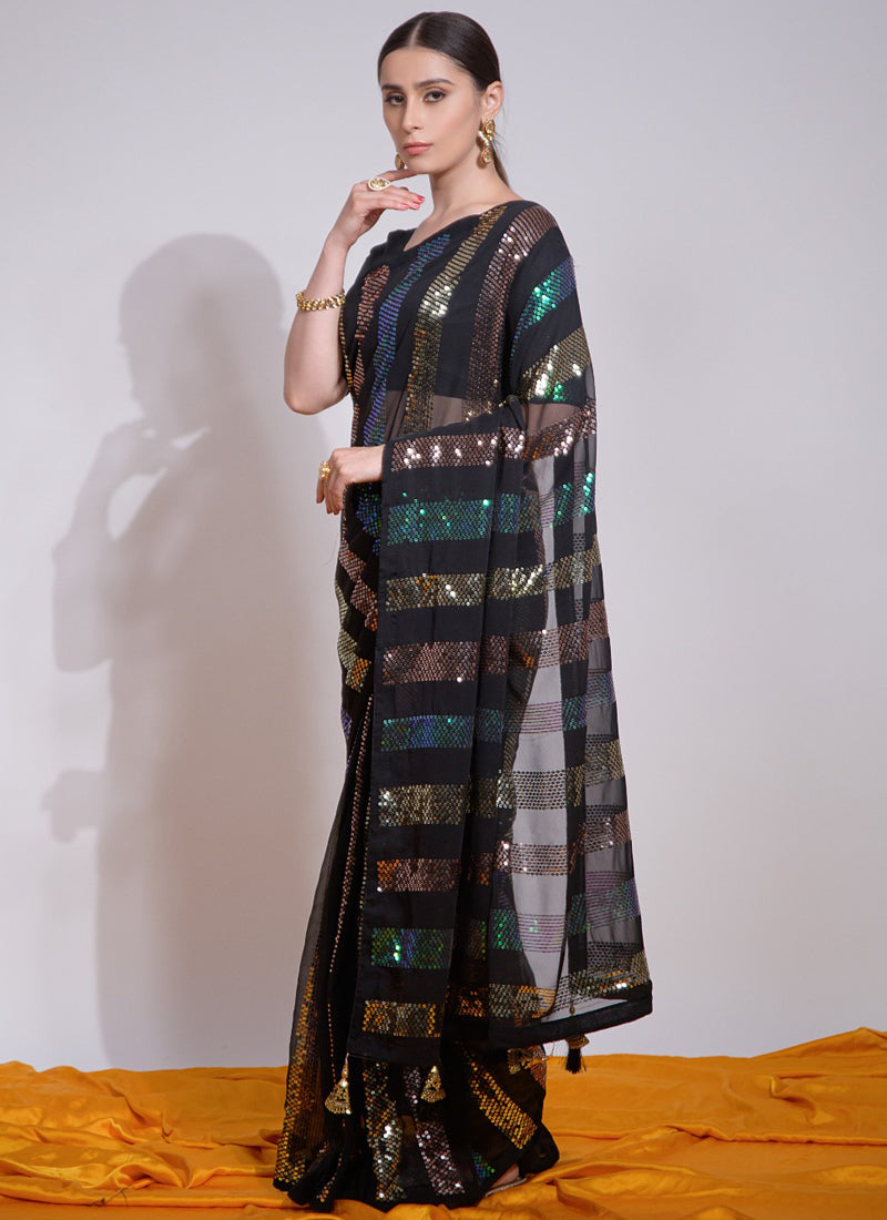 Vegaa Fashion Black Georgette Sequence Party Wear Saree