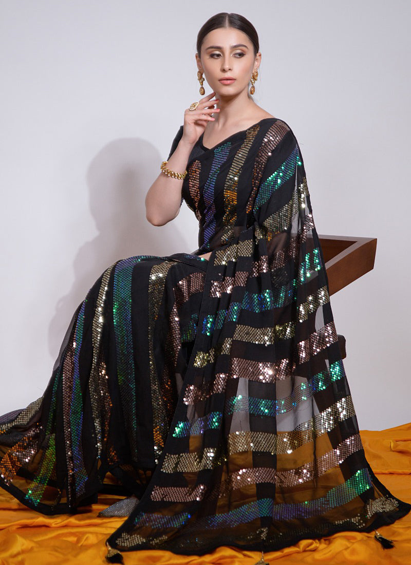 Vegaa Fashion Black Georgette Sequence Party Wear Saree