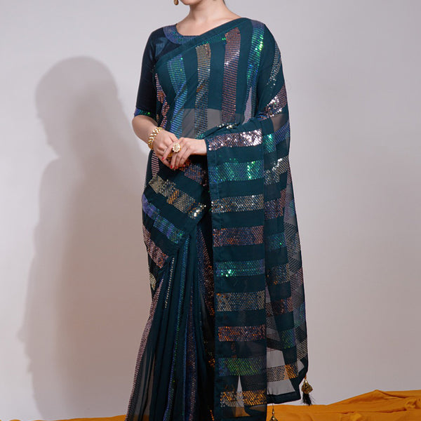 Vegaa Fashion Teal Georgette Sequence Party Wear Saree - Distacart