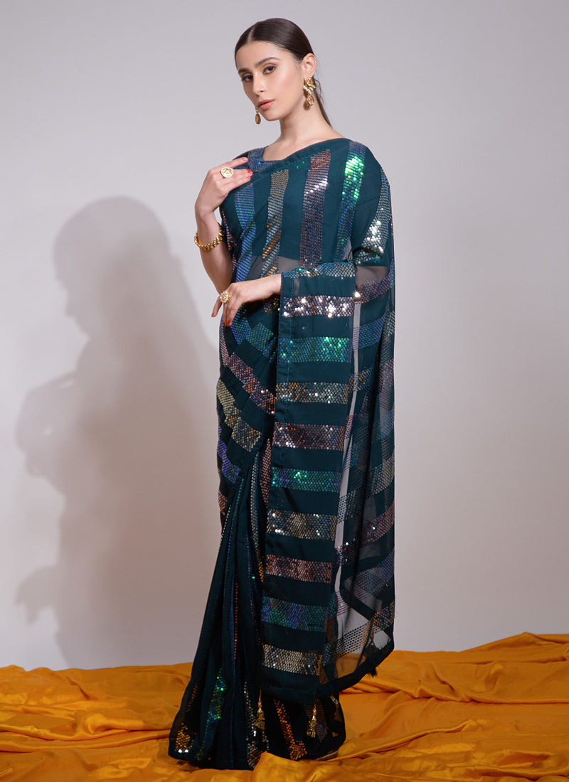 Vegaa Fashion Teal Georgette Sequence Party Wear Saree