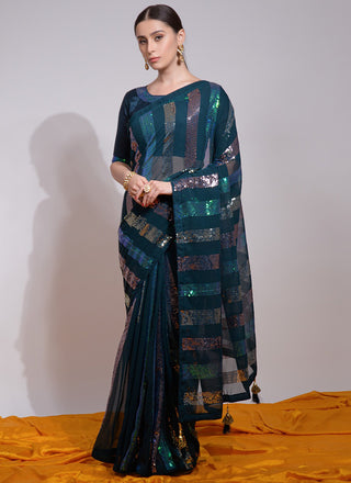Vegaa Fashion Teal Georgette Sequence Party Wear Saree