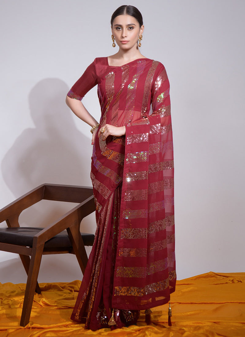 Vegaa Fashion Maroon Georgette Sequence Party Wear Saree