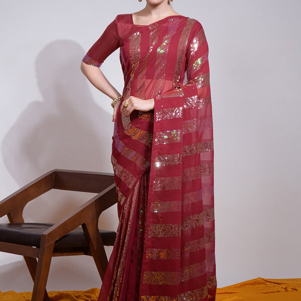 Vegaa Fashion Maroon Georgette Sequence Party Wear Saree - Distacart