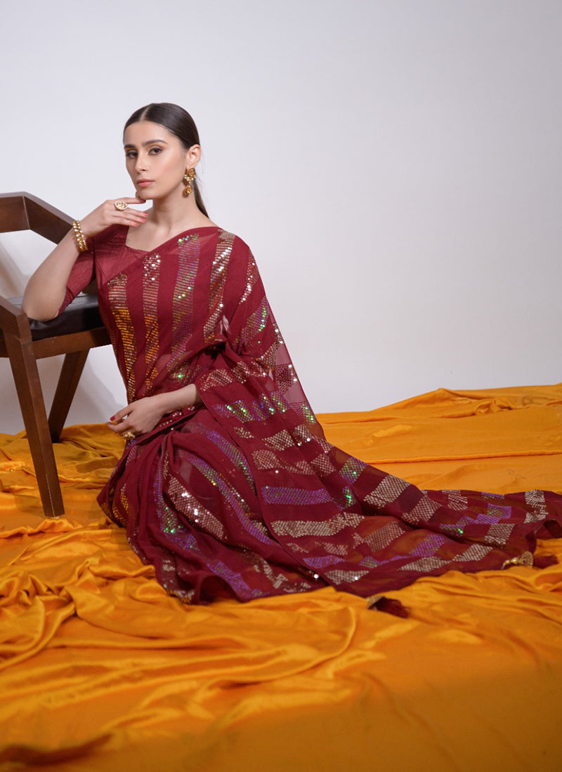Vegaa Fashion Maroon Georgette Sequence Party Wear Saree